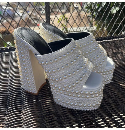 Luxury Handmade Full Rhinestones Platform Wedges Women Slippers Sandals Fashion Summer High heels Mules Slides Chunky Shoes