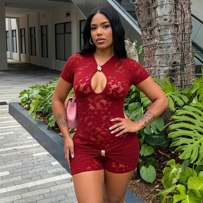 FLARORA Sexy Lace See Through Rompers Woman Hollow Metal Buckle V Neck Short Sleeve Ruched Patchwork Skinny Peach Hip Playsuits