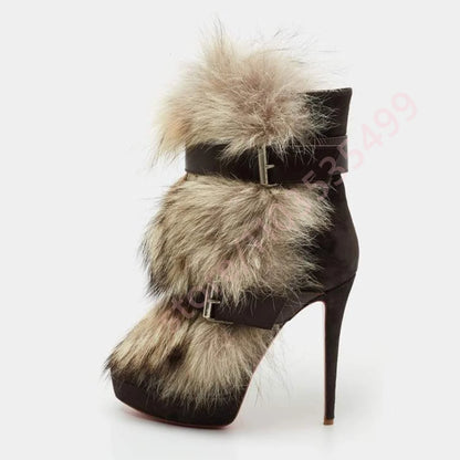 Winter Platform Belt Buckle Soft Fur Short Boots Fashion Show Party Casual Furry Boots New Sexy Women's Stiletto Warm Boots