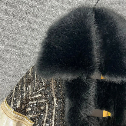 2025 Autumn Winter New Faux Fox Fur Coat Fashionable Stylish Korean Version Heavy Sequins Trendy Women's Jacket Furry Coat