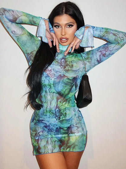 Flare Sleeve Color Printing Bodycon Dress Mini Women Clothing Turtleneck Sexy Streetwear High Waist Fashion One-Pieces Outfits
