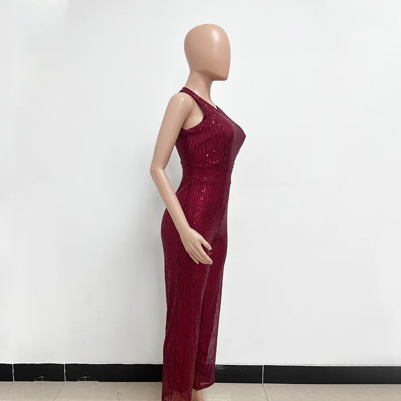 Bling Bling Sequined Club Jumpsuit Sexy Women O-neck Elegant Shiny Sliver Gold Sequins Straight Romper Overalls