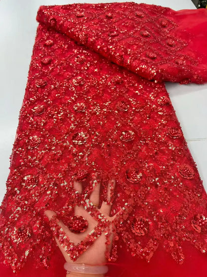 Luxury African Beaded Sequins Pearl Lace French Tulle Fabric 2026 High Quality Nigerian Design for Party Dress Sewing 2026