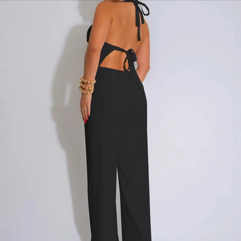 Sexy Women's Beaded Halter Jumpsuits Overalls Summer 2025 Backless Fitted Wide Legs Rompers One Piece Outfits Clubwear Party