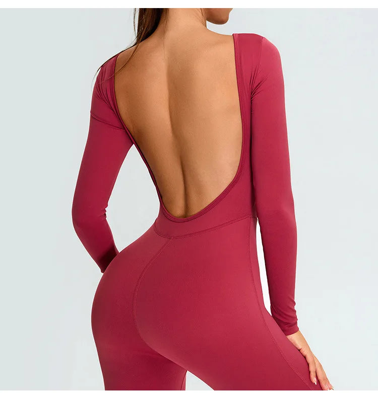 New Summer Sexy V Back Gym Sports Jumpsuit Yoga Clothes Rompers Women Long Sleeveles Workout Bodysuits Backless One-piece Suit