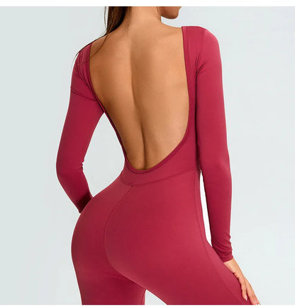 New Summer Sexy V Back Gym Sports Jumpsuit Yoga Clothes Rompers Women Long Sleeveles Workout Bodysuits Backless One-piece Suit