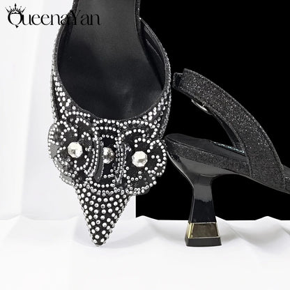 QueenaYan Elegant African-Inspired Evening Shoes and Handmade Clutch Set Pointed Toe High-Heel Women's Footwear and Matching Bag