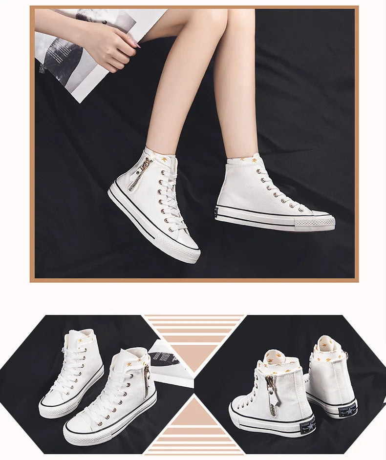 High-top Canvas Shoes for Women Fashion Casual Mid-Top Flat Women's Sneakers Designer Side Zipper Woman's Shoes Zapatos De Mujer