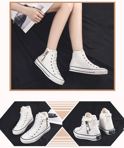 High-top Canvas Shoes for Women Fashion Casual Mid-Top Flat Women's Sneakers Designer Side Zipper Woman's Shoes Zapatos De Mujer
