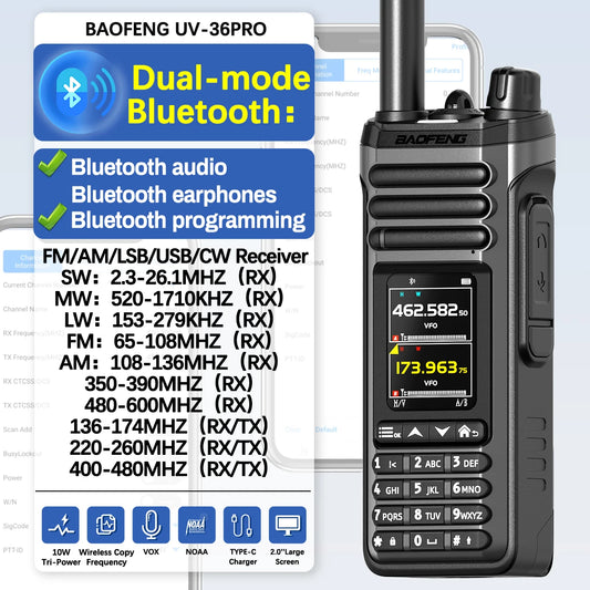 BAOFENG UV-36 PRO 10W Tri-Power Walkie Talkie Dual Mode Two Way Radio Bluetooth Programming FM Receiver Handheld Transceiver