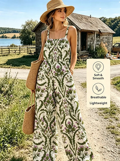 2026 New Style Fashion Women's Printed One-Piece Pants with Bohemian Square Collar, Loose Wide Leg, Elastic Waist, Green Thistle Print in Light Color, US Size, US Warehouse, Fast Shipping, Elegant Spring-Summer Outdoor Vacati