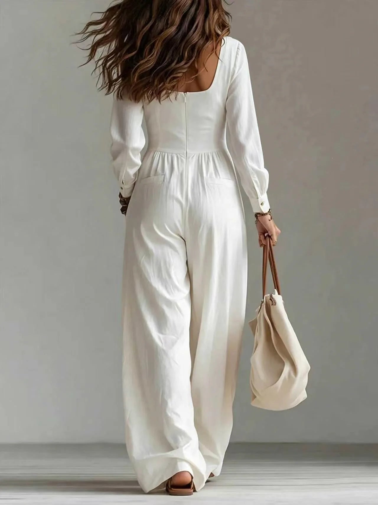 Women White Jumpsuit Deep V Neck Long Sleeve Button Front Wide Leg Rompers Casual Loose Pockets Overalls Vacation Beach Outfit