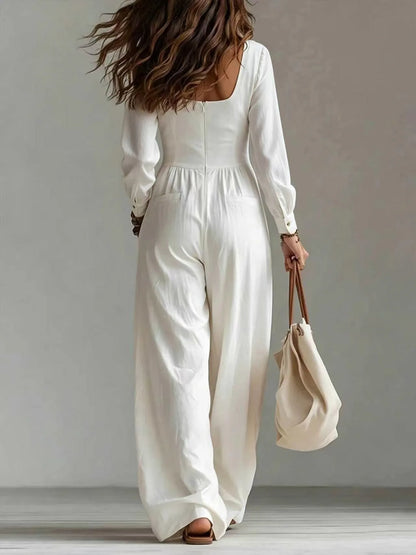 Women White Jumpsuit Deep V Neck Long Sleeve Button Front Wide Leg Rompers Casual Loose Pockets Overalls Vacation Beach Outfit