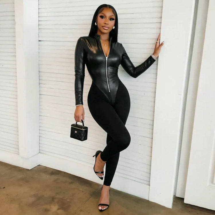 FLARORA Fashion Pu Leather Patchwork Jumpsuits Woman Stand Collar Full Sleeve Zip Skinny Peach Hip Midnight Party Club Overalls