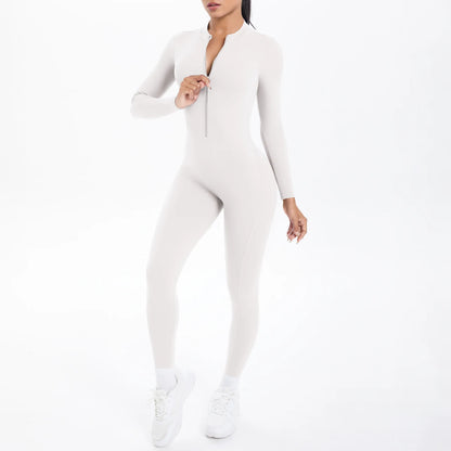 Solid Color Bodysuits for Woman's Backless Long Sleeved Zipper Yoga Jumpsuits High Dtrength Workout Sports Fitness Clothing Set
