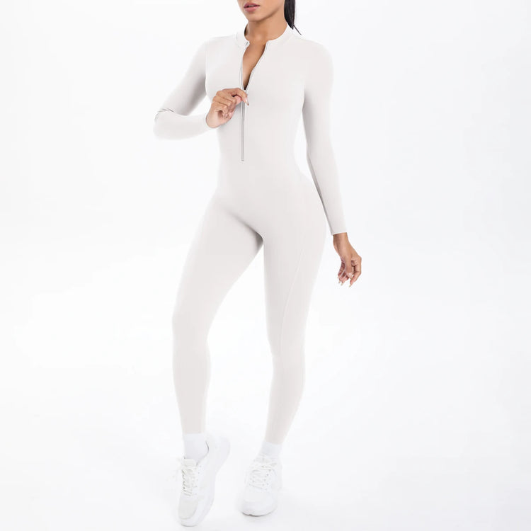 Solid Color Bodysuits for Woman's Backless Long Sleeved Zipper Yoga Jumpsuits High Dtrength Workout Sports Fitness Clothing Set