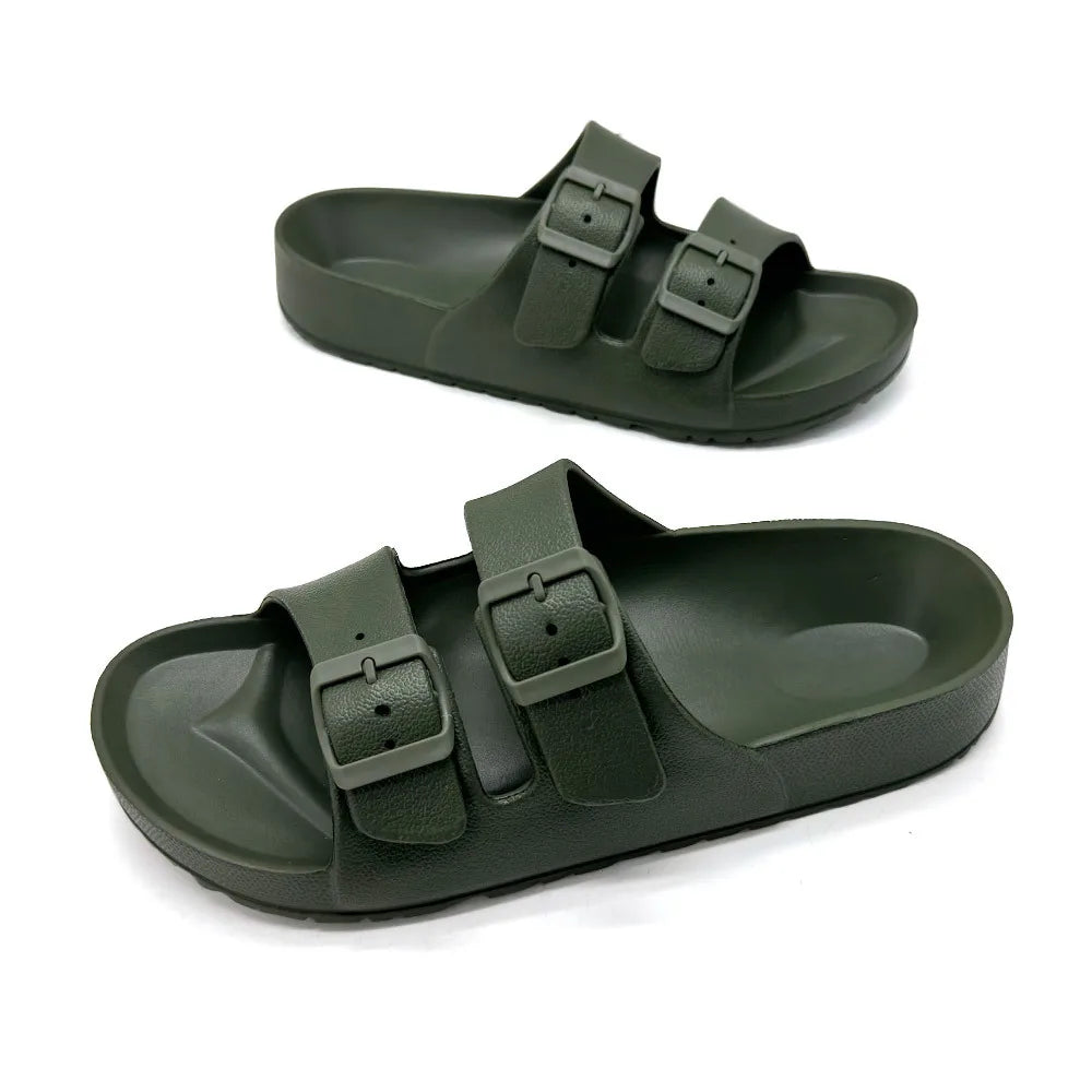 Shevalues Summer Flat Slippers For Women Men 2025 New Thick Sole Sandals With Double Buckle Fashoin Outdoor Antiskid Beach Slide