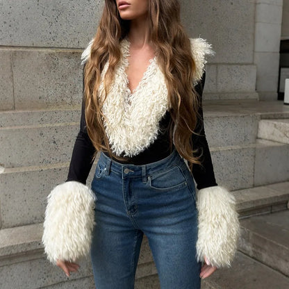 Ticketsx Sexy Tight Corsets Bodysuit For Women Faux Fur Deep V-neck Long Sleeve Slim New Lady Solid Rompers Streetwear Playsuits