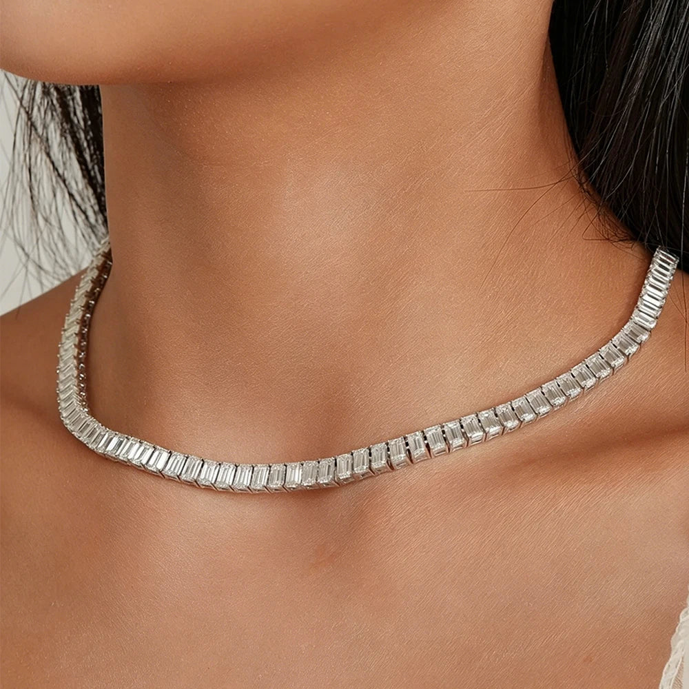 Emerald Cut All Moissanite Tennis Necklace For Women S925 Silver Lab Diamond Choker Hypoallergenic Unisex Fine Jewelry for Party