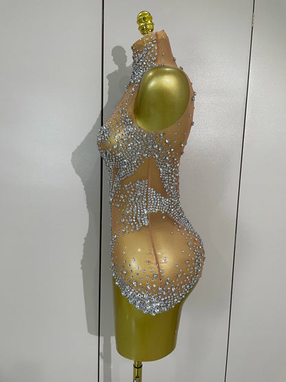 Sexy Stage Sparkly Rhinestone Mesh See Through Crystal Bodysuits Women Luxury Birthday Dancer Nightclub Bar Performance Outfit