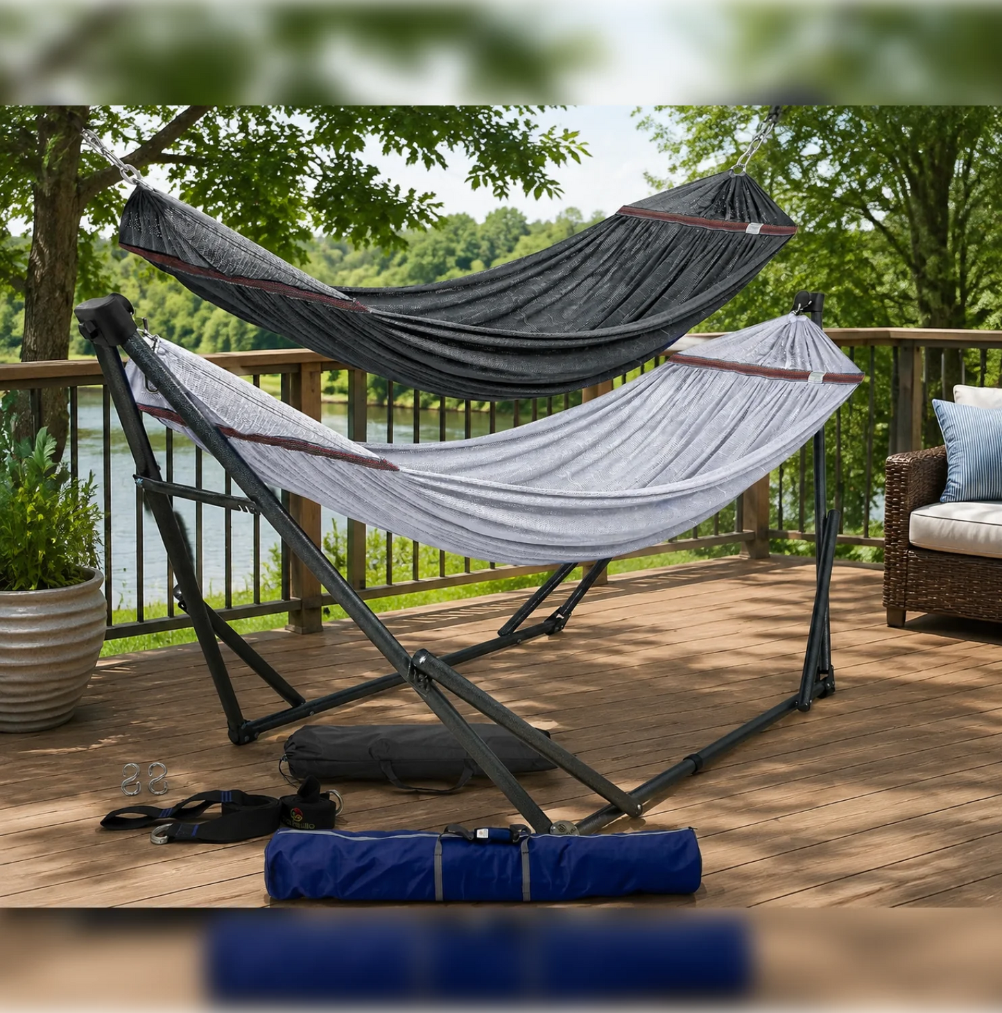Tranquillo Combo x2 Hammocks with Stand & Tree Straps, Heavy Duty 600lbs for Indoor Outdoor Patio Backyard, Grey Medium