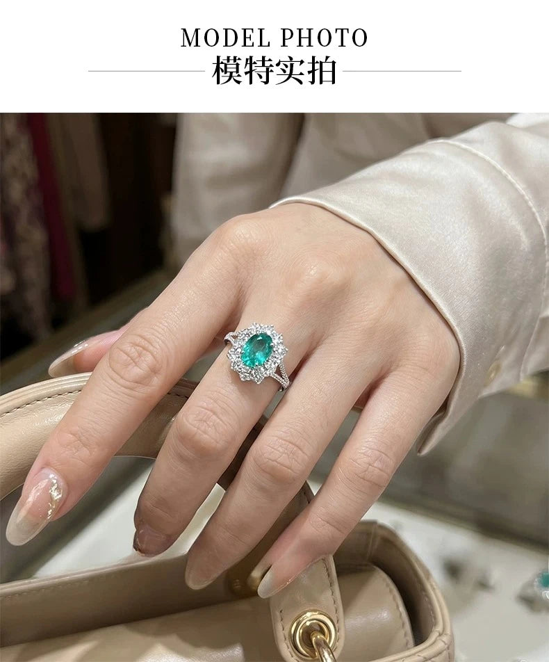 S925 Silver Ring 2ct Neon Blue Green Zircon Ring Double Layer Surrounding Luxury Women's Jewelry