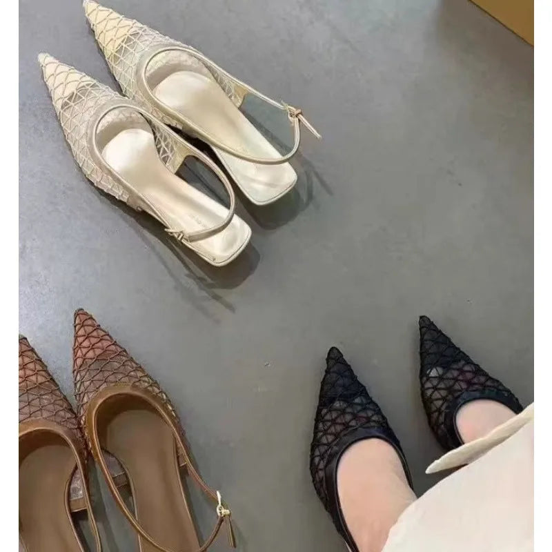 Luxury Brand High Heels Women Sandals Mesh Embroider Elegant Pointed Ladies Slingback Party Wedding Bridal Dress Shoes Woman