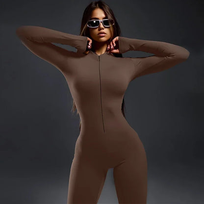 Zip Up Long Sleeve Jumpsuit Women Slim Fit Flare Long Jumpsuits Autumn Winter Full Body Jumpsuit Sports
