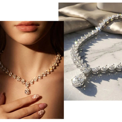 KNOBSPIN Pear Cut Moissanite Tennis Necklaces for Women Lab Diamond s925 Sterling Silver plated 18k Wedding Moissanite Necklace