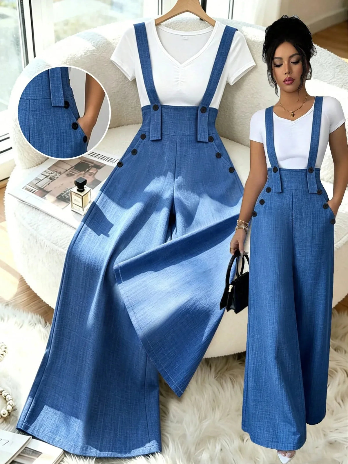 Women's Casual Elegant Button Detail Wide Leg Pants Overalls Trendy Comfortable Fashionablealls