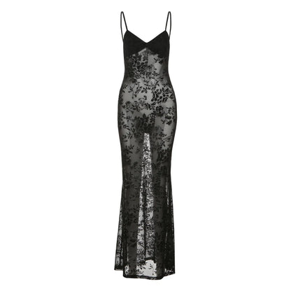 Weird Puss See Through Dress Women Backless Hollow Flower Print Patchwork Solid Sleeveless Sexy Midnight Clubwear Party Vestidos