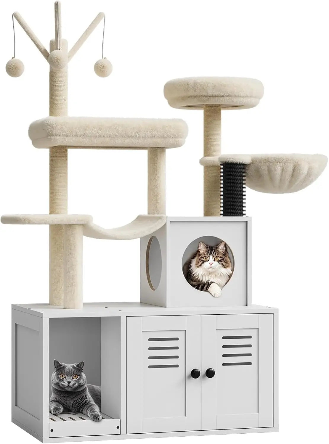 Garvee Large Cat Tree and Tower for Indoor Cats With Hidden Washroom Cabinet,Post,Perch&Brush Spacious Hammock Padded Perches and Condos Cat Toys