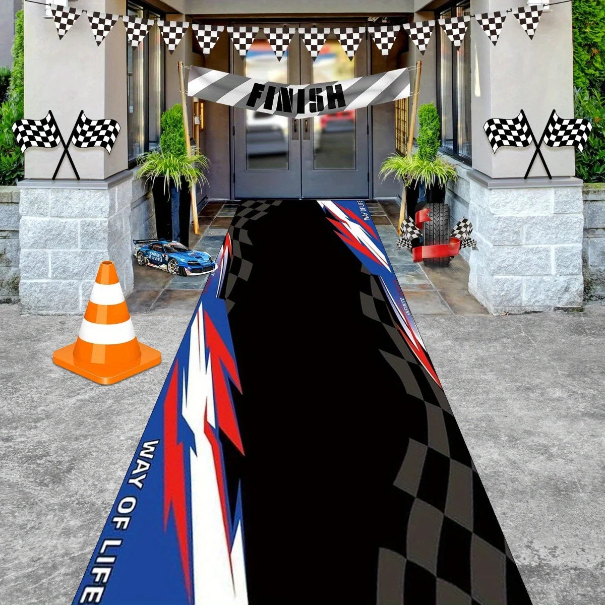 VIKAMA Motorcycle Garage Long Mat Checkered Flag Non Slip Wear Resistant Corridor Rug for Boys Bedroom E-Sports Room Decor