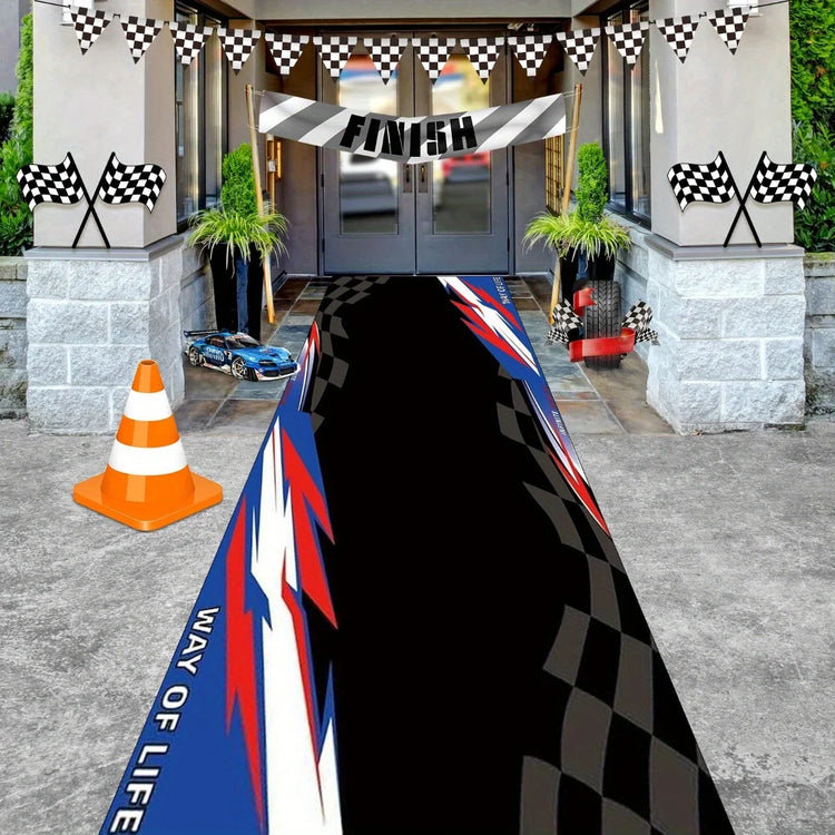 VIKAMA Motorcycle Garage Long Mat Checkered Flag Non Slip Wear Resistant Corridor Rug for Boys Bedroom E-Sports Room Decor