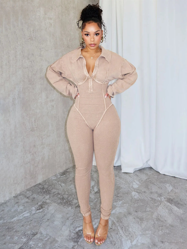 CM.YAYA Fashion Women Knit Ribbed Long Sleeve Moto Biker Jumpsuits 2024 Autumn Washed Street Playsuit One Piece Suit Romper