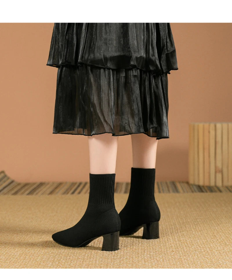 Black Square Toe Knit Sock Boots Elastic Slim Thick Block Heel High Heels Short Boots Fashion Autumn Casual Skinny Ankle Boots