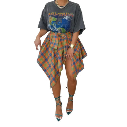 Womens Plaid Skirts High Elastic Waisted Knot Front Asymmetrical Hem Mini Skater Skirt Y2K Streetwear A Line Pleated Skirts