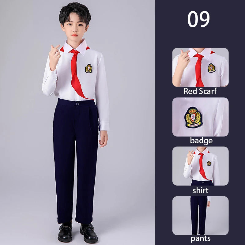Girls Preppy Style Pleated Jumper Dress Headdress + Bow Tie Pants Suit Children Choir Poetry Performance Fashion School Uniform
