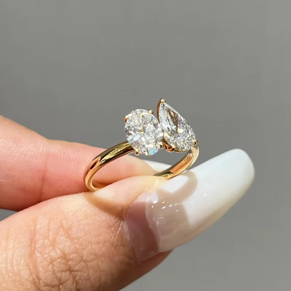 OEVAS Two Stones Pear Cut Moissanite Rings S925 Silver Plated 18K Gold Toi Et Moi Wedding Band For Women Engagement Fine Jewelry