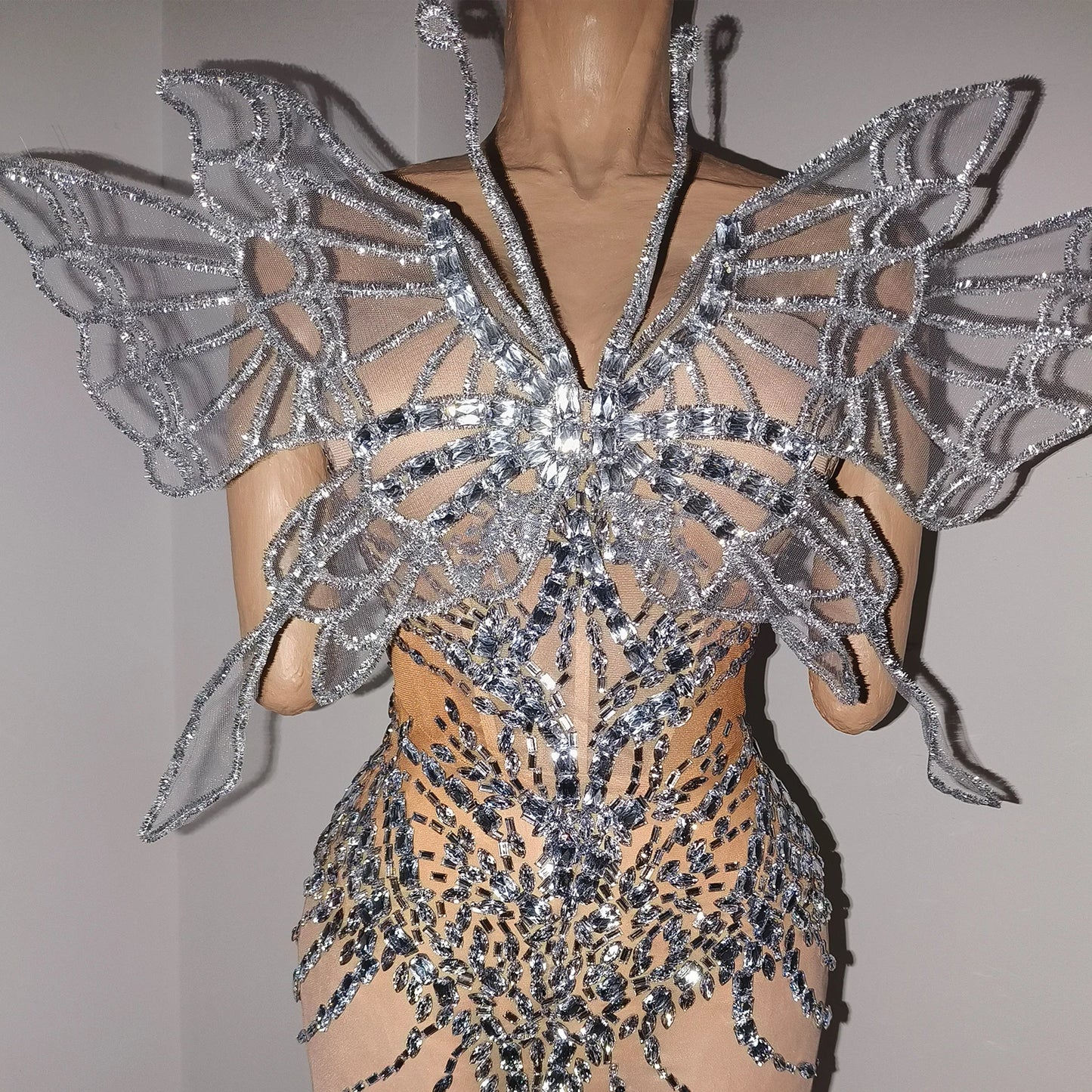 Sexy Shiny Silver Crystal Jumpsuit Transparent Mesh 3D Butterfly Rhinestone Wings Jumpsuit Birthday Party Performance Costume