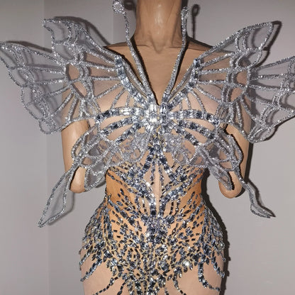 Sexy Shiny Silver Crystal Jumpsuit Transparent Mesh 3D Butterfly Rhinestone Wings Jumpsuit Birthday Party Performance Costume