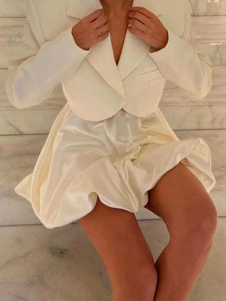 Elegant Female Casual Satin Mini Skirt Women Korean Fashion High Waist A-line Vintage White Balloon Skirt