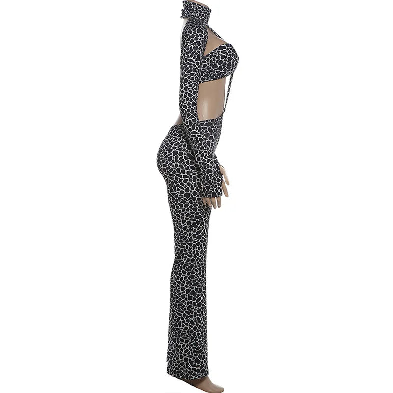 Leopard Print Straight Pants Slim Fit Jumpsuits Women Trend Sexy Strapless Patchwork Turtleneck Full Sleeve Club Party Overalls