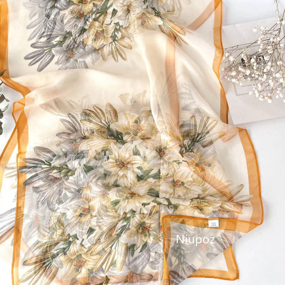 Gradient Lily Print Pretty Women Elegant Chiffon Georgette Bandana Scarf Summer Beach Sunscreen Thin Shawl