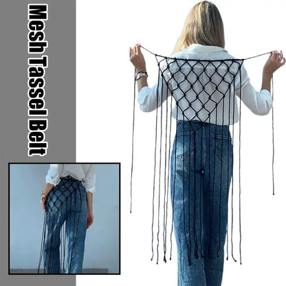 Bohemian Netted Fringe Scarf Handwoven Bikini Women Mid Waist Skirt Ethnic Design Mesh Tassel Waistband Decorative Butt Curtain