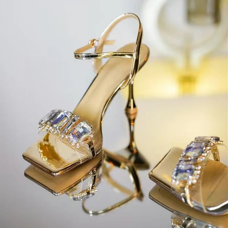 Gold Silver High Heels Sandals Women 2025 Summer Square Toe Shiny Crystal Sandals Woman Ankle Straps Thin Heel Party Pumps Shoes