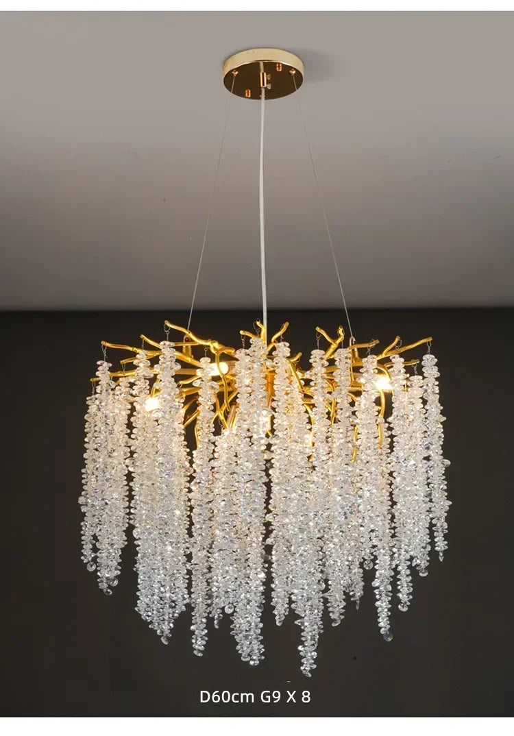 Modern Luxury Gold Branch Tassel Crystal LED Pendant Light Dining Room Living Room Indoor Home Decoration Atmosphere Fixtures