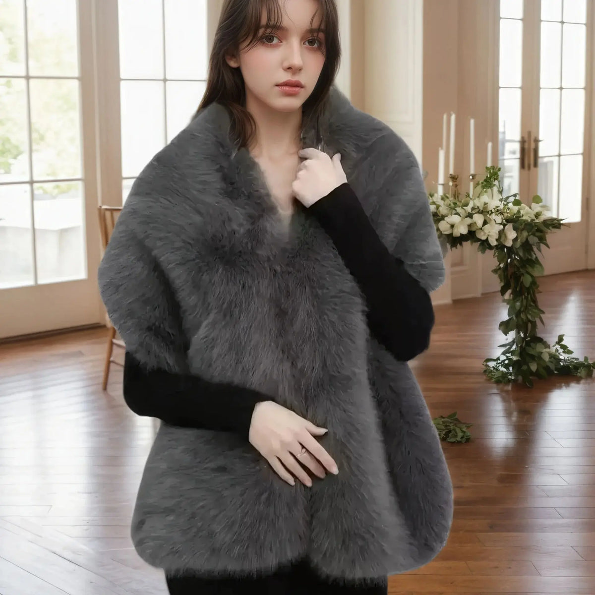 A Handmade Polyester Faux Fox Fur Women's Fashion Shawl for Weddings, Parties, and Gatherings, a Warm and Stylish Accessory