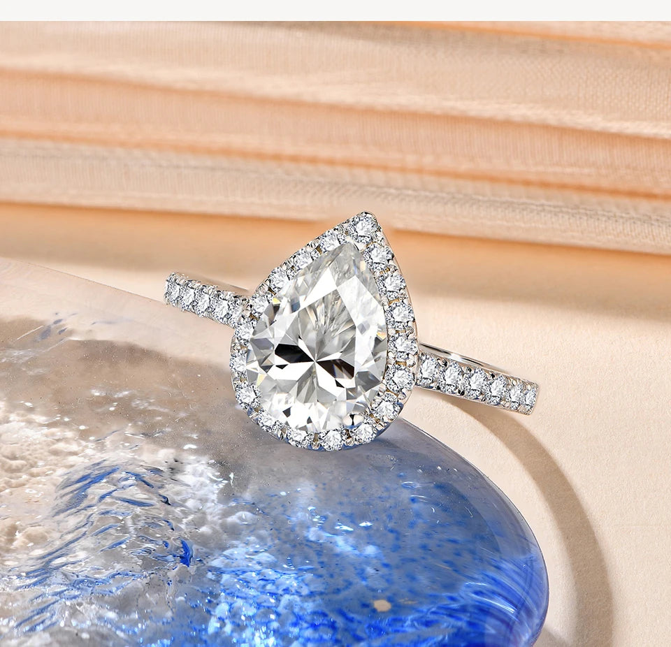 MINTYBOX Pear Cut 2.0CT Luxury Moissanite Ring Solid 925 Sliver 18K Gold Plated Engagement Halo Ring for Women Fine Jewelry Gift