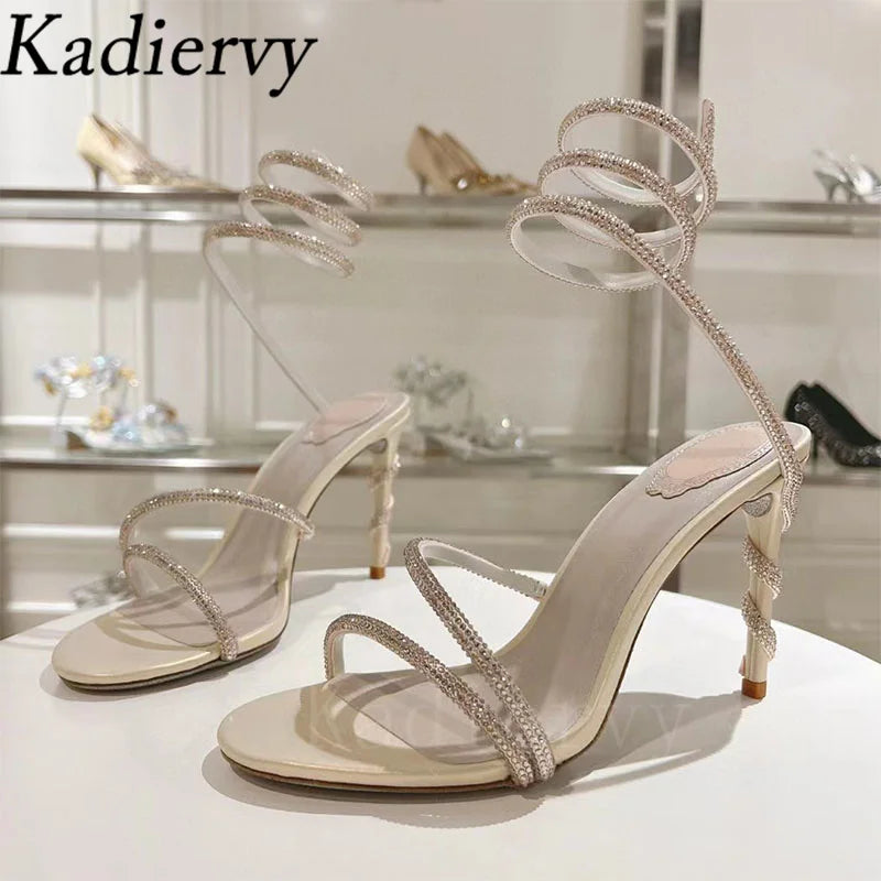 Luxury High Heels Sandals Woman Rhinestone Snake Twine Around Ankle Strap Wedding Shoes Stiletto Summer Gladiator Sandals Women